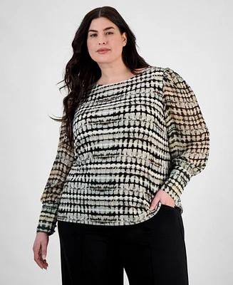 Anne Klein Plus Size Printed Chiffon Sheer-Sleeve Top