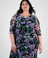Connected Plus Size Printed Mesh 3/4-Sleeve Sheath Dress