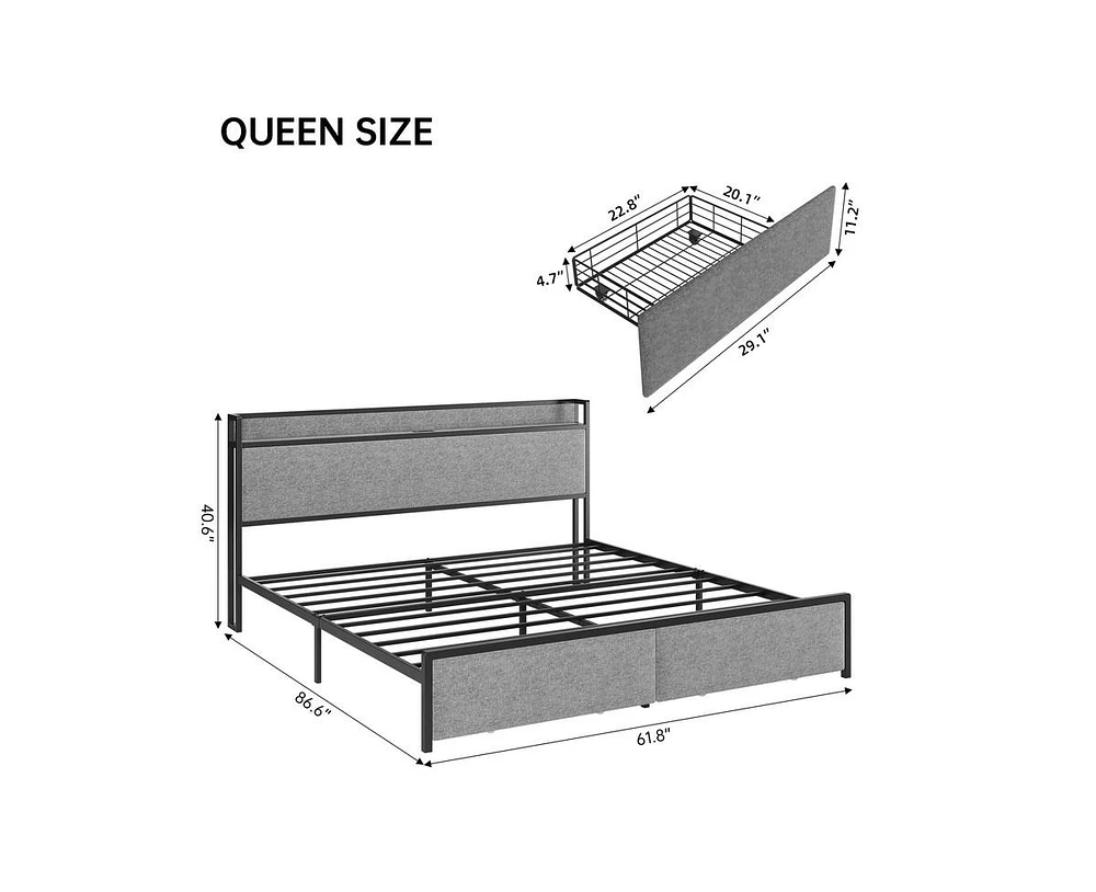 gaomon King Size Bed Frame with Charging Station and 2 Storage Drawer, Upholstered Platform Bed with Headboard, Usb Port & Outlets, No Box Spring Need