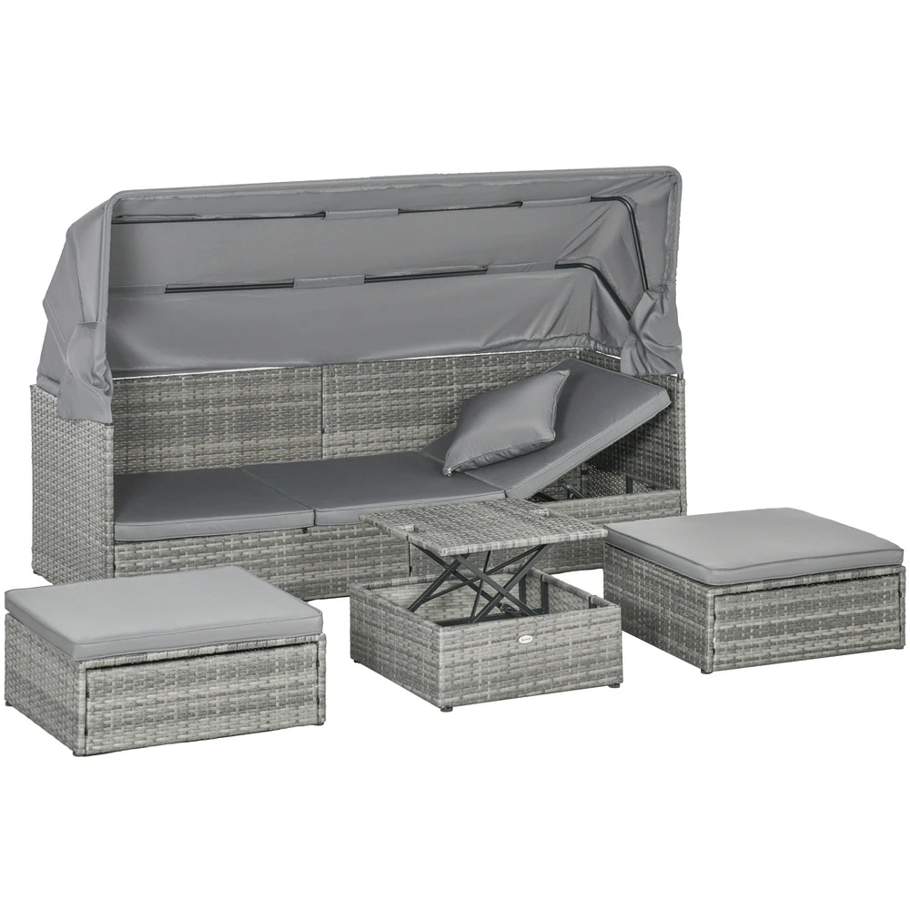 4 Piece Adjustable Canopy Outdoor Rat Sofa Set, Light