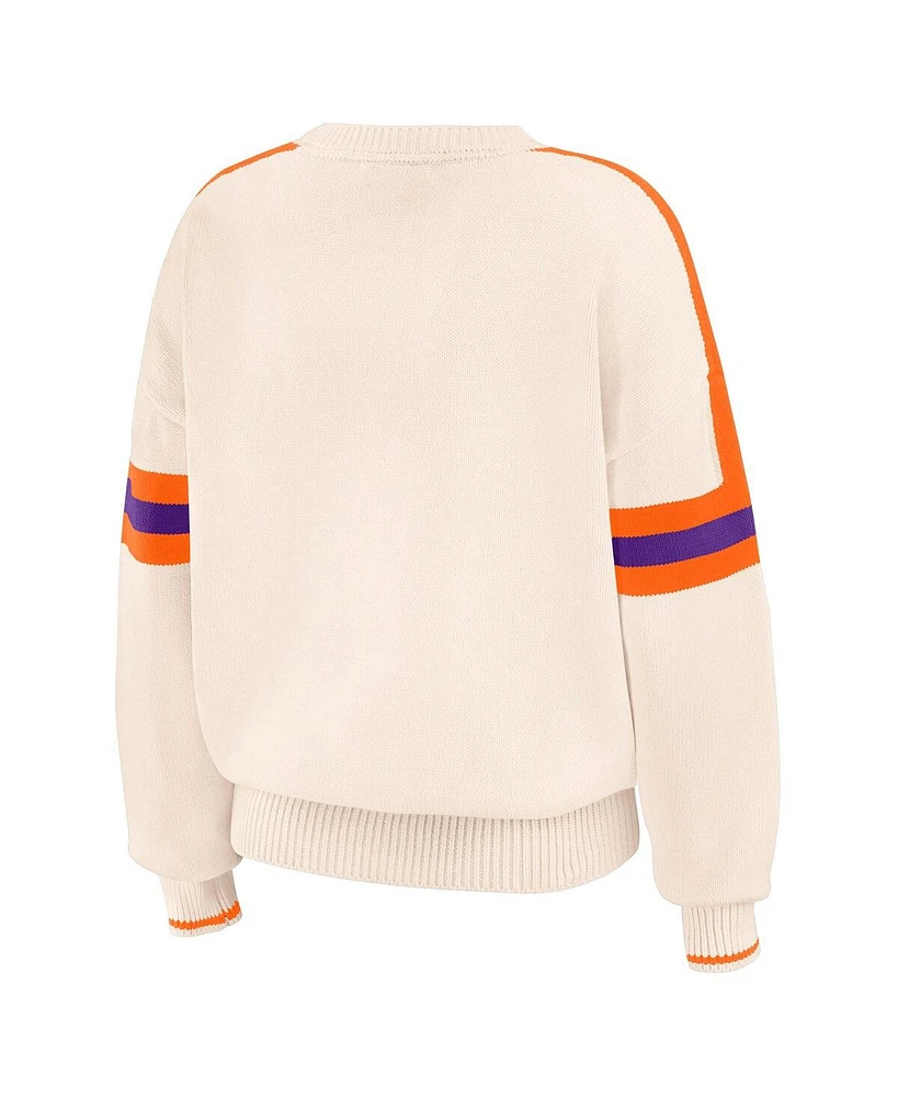 Wear by Erin Andrews Women's Cream Clemson Tigers Chenille Woven Patch Stripe Pullover Sweater