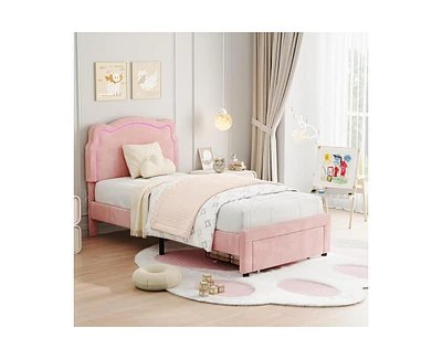 gaomon Twin Upholstered Smart Led Bed Frame with Adjustable Bear Headboard, Storage Drawer, Velvet Princess Platform Bed Frame for Kids/Girls, Wooden
