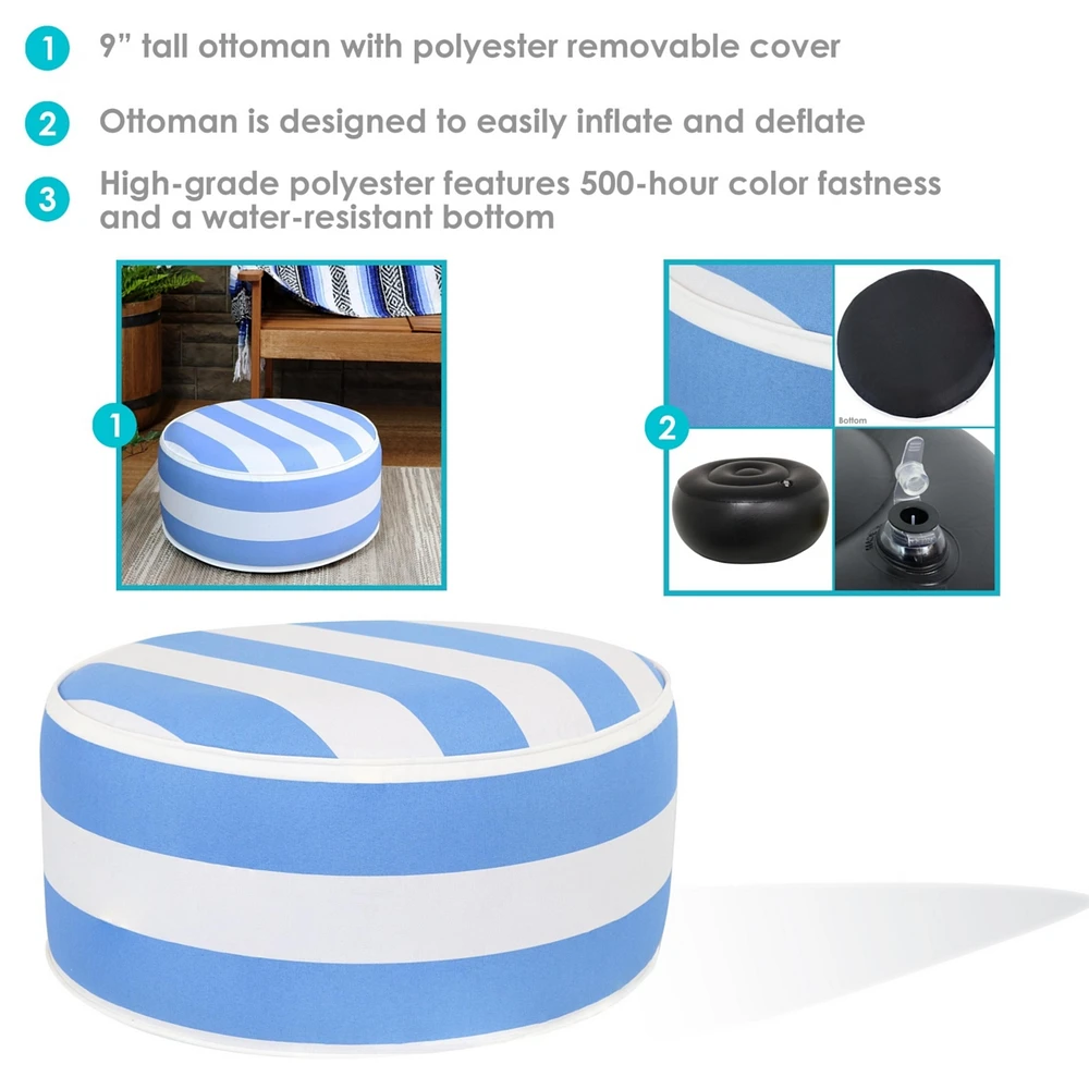 Outdoor All-Weather, Water-Resistant Inflatable Blow-Up Ottoman Pouf - Beach-Bound Stripe