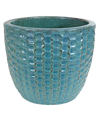 Raised Hexagon Pattern Glazed Ceramic Planter - Turquoise - 14" Round