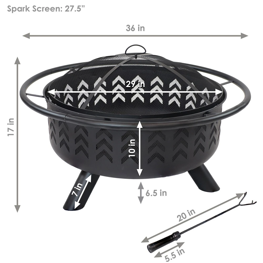 Arrow Motif Heavy-Duty Steel Fire Pit with Spark Screen, Built-In Grate, and Cover - 36-Inch Round - Black