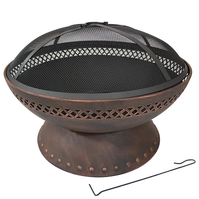Outdoor Camping or Backyard Steel Chalice Fire Pit with Spark Screen and Log Poker - 25" - Copper Finish