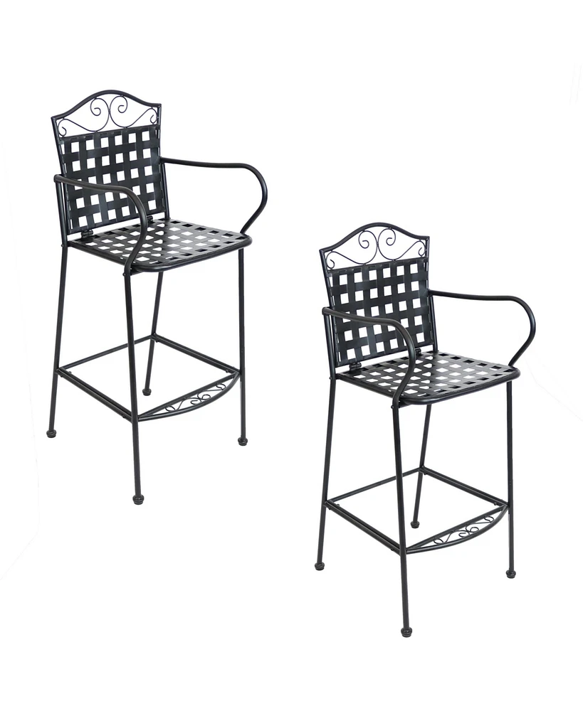Outdoor Wrought Iron Scrolling Bar Chairs - 20.25" W x 22" D x 47.5" H - Black - 2-Pack