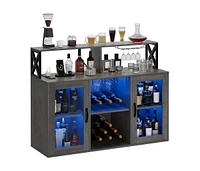 gaomon Farmhouse Wine Bar Cabinet with Led Light,Tempered Glass Doors, Power Outlet,Wine and Goblet Holder,Liquor Storage Cabinet for Dining Room