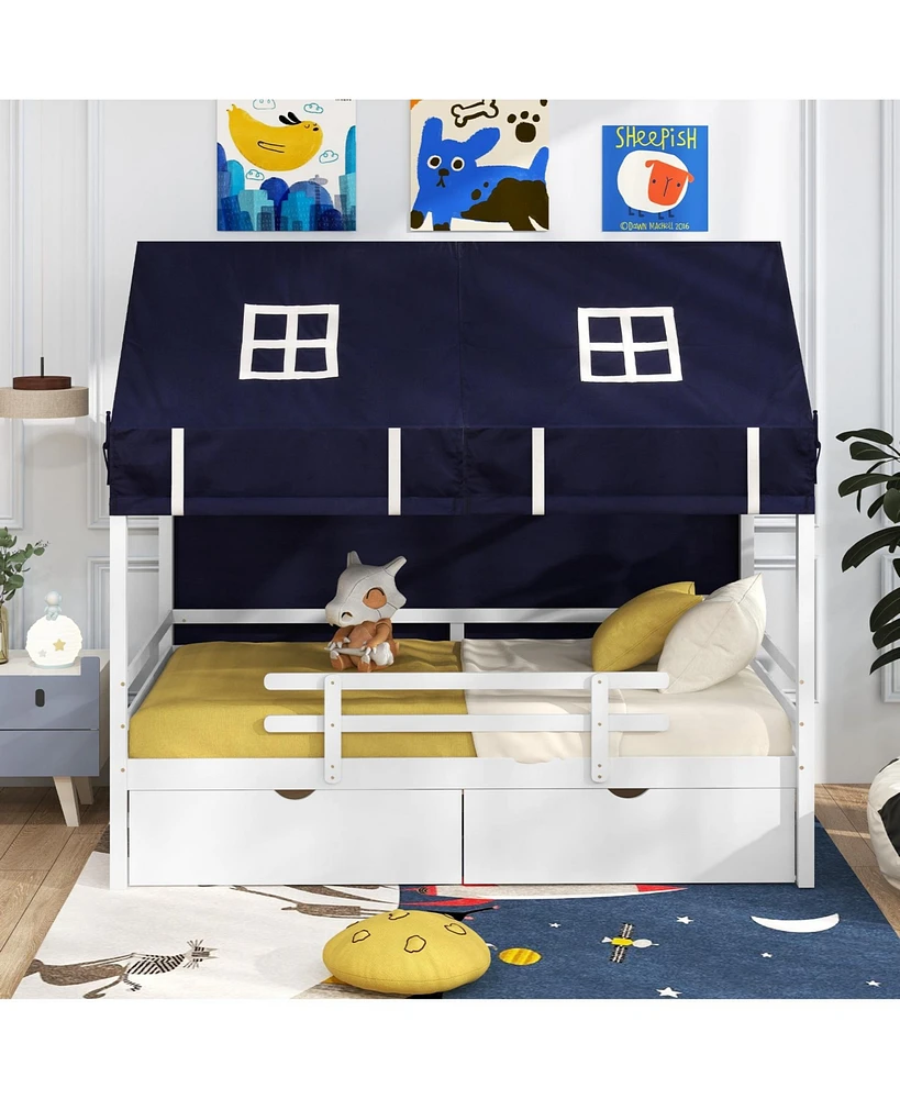 Twin House Bed for Kids with Tent and 2 Storage Drawers