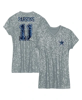 Outerstuff Big Girls Micah Parsons Silver Dallas Cowboys Sequin Player Name Number V-Neck Dress