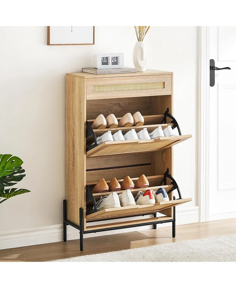 Natural Rattan Storage Cabinet with 2 Flip Drawers, Wooden Entry Way Cabinet with Storage with Adjustable Shelf and Metal Legs, Entrance Shoe Cabinet