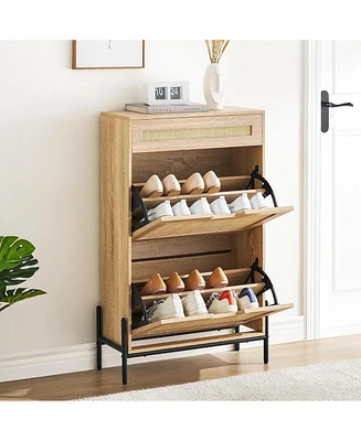 Natural Rattan Storage Cabinet with 2 Flip Drawers, Wooden Entry Way Cabinet with Storage with Adjustable Shelf and Metal Legs, Entrance Shoe Cabinet