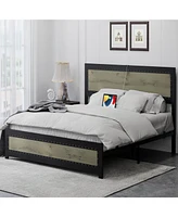 gaomon Full Size Bed Frame with Headboard, Industrial Platform Bed Frame with Charging Station