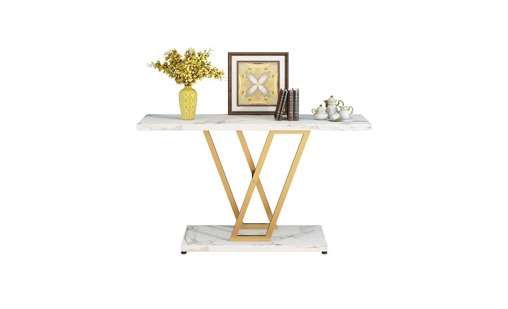 Slickblue Industrial Console Table for Entryway, Gold Frame with Faux Marble Top