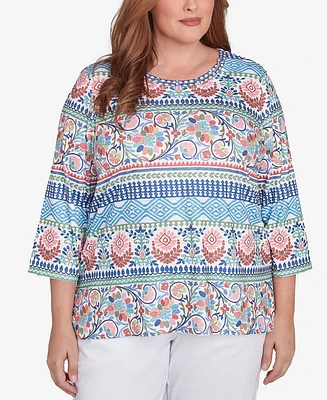 Alfred Dunner Plus Size Classic Knit Scroll Geometric Crew Neck Top