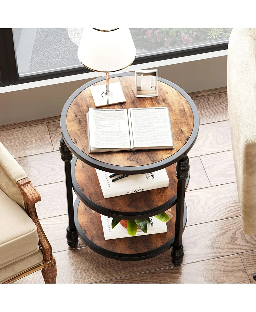 gaomon Round End Table, Small Accent Table with 3 Tier Storage Shelves, Farmhouse Wood Side Table, Metal Frame Industrial Night Stand for Living Room