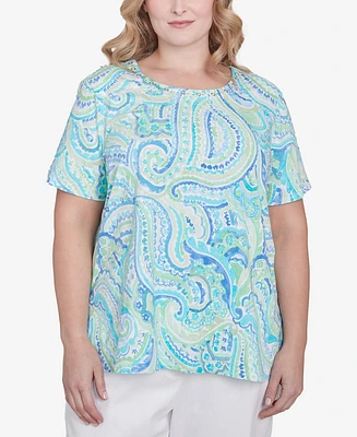 Alfred Dunner Plus Pleated Crew Neck Paisley Top