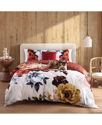 Bebejan Carnelian Flora Bedding 200 Thread Count 100 Cotton Sateen 5 Piece King Size Reversible Comforter Set