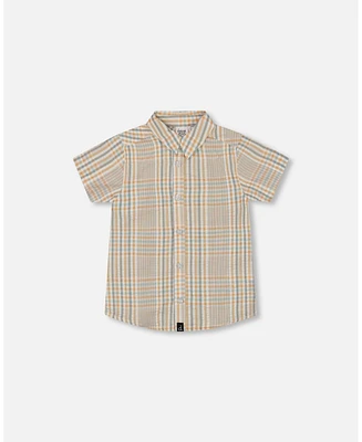 Deux par Deux Toddler Boys Short Sleeve Button Down Shirt Beige And Sage Plaid - Toddler|Child