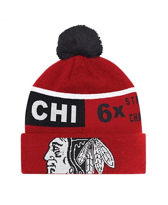 Starter Men's Red Chicago Blackhawks Chyron Commemorative Cuffed with Pom Knit Hat