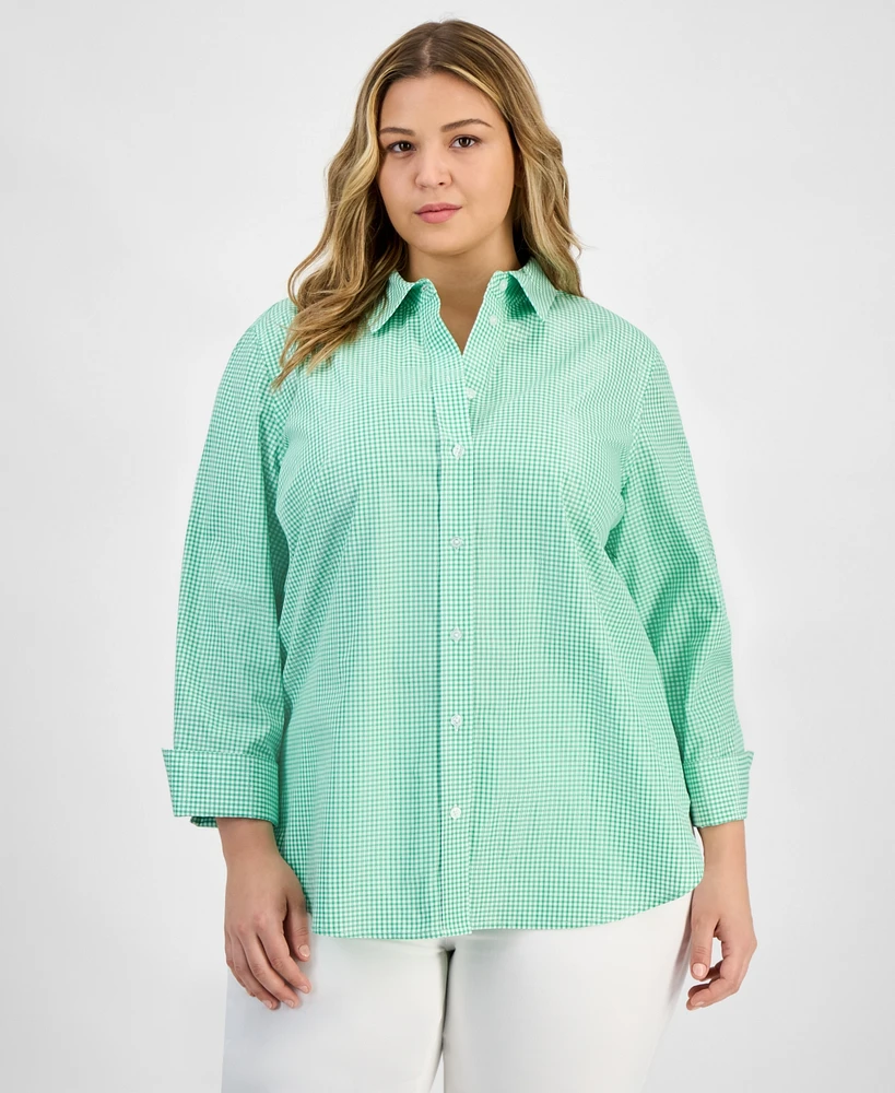 Kasper Plus Gingham Button-Up 3/4-Sleeve Shirt
