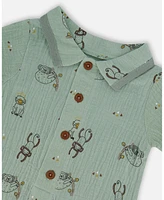Deux par Deux Baby Boys Printed Muslin Romper Sage Monkey