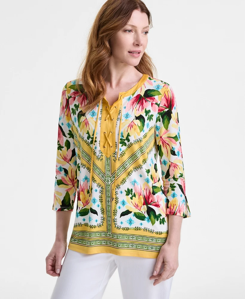 Jm Collection Women's Printed Lace-Up 3/4-Sleeve Top, Exclusively at Macy's