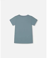 Deux par Deux Toddler Boys Cotton Graphic Tee Grayish Teal And Robot - Toddler|Child