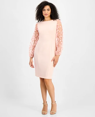 Connected Petite Sheer-Sleeve Applique Sheath Dress