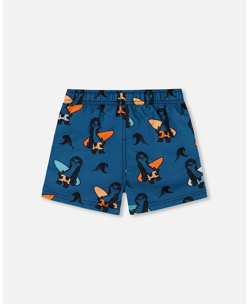 Deux par Deux Baby Boys Printed Swim Trunks Orange Sloths On Navy Blue