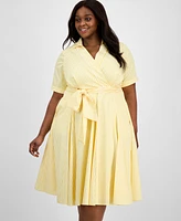 Tahari Plus Collared V-Neck Short-Sleeve Dress
