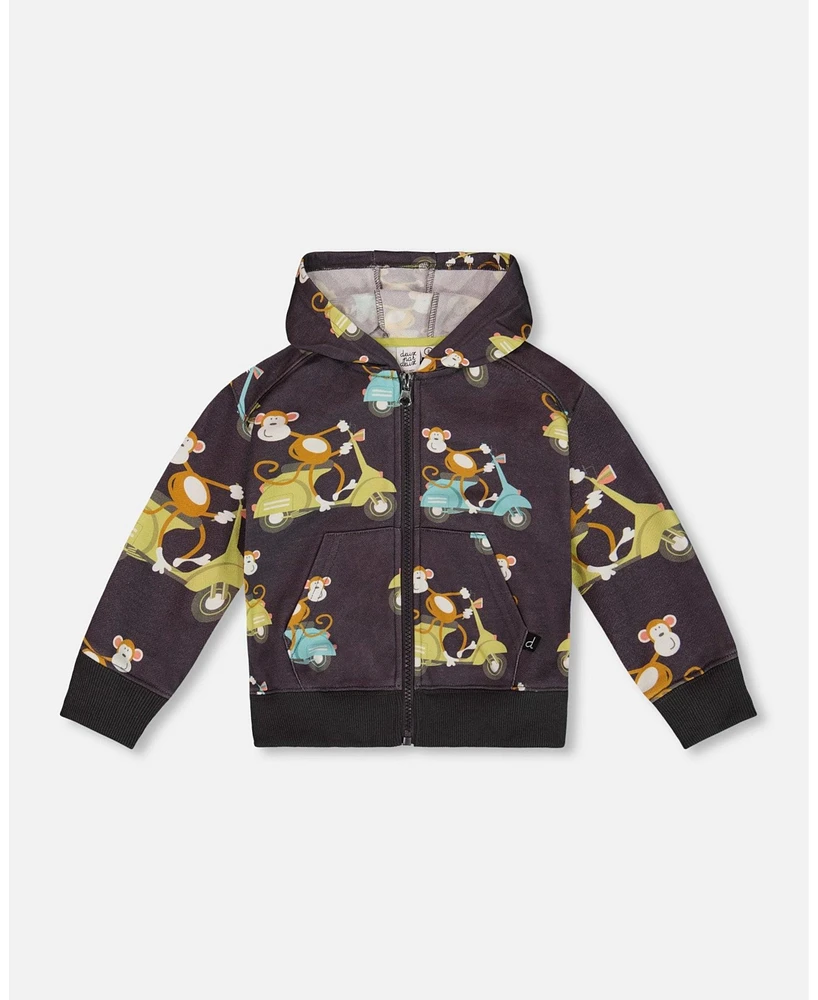 Deux par Deux Baby Boys Printed French Terry Hooded Full Zip Cardigan Sweatshirt Monkey On Navy Moped