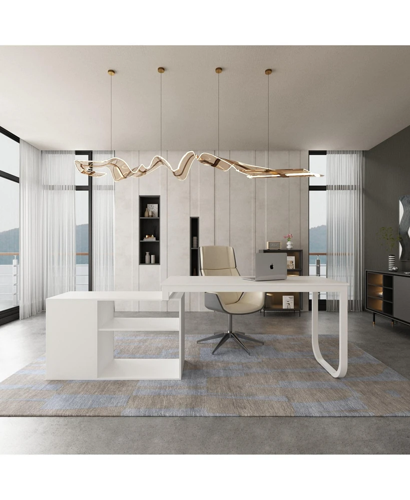Famapy 55.1 in. L-Shaped Gray Wood Computer Desk Writing Office Executive W/Removable Tabletop, Shelves, 3-Drawers