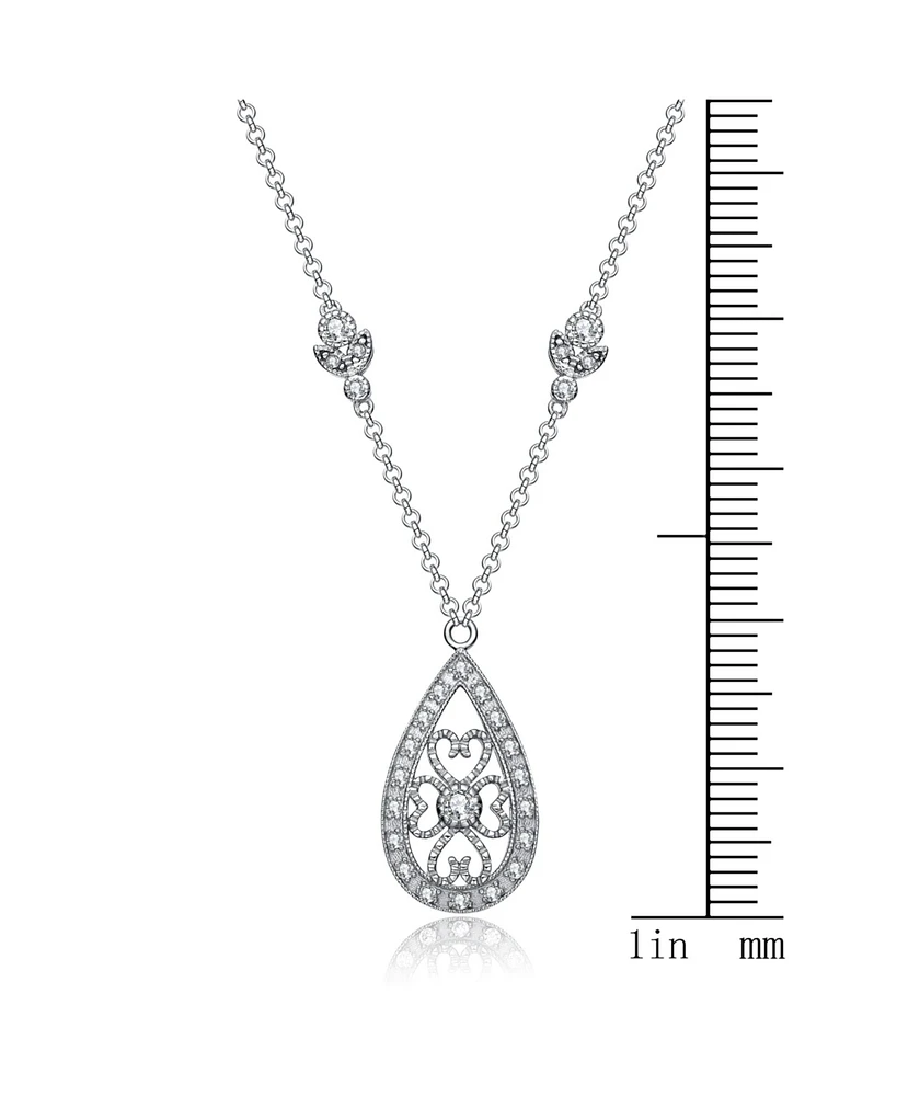 Sterling Silver White Gold Plated with Clear Cubic Zirconia Teardrop Necklace
