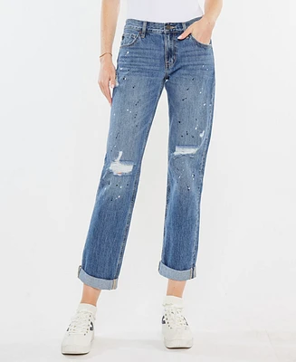 Kancan Women's Paint Effect Mid Rise Boyfriend Jeans