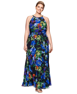 Betsy & Adam Plus Size Floral-Print Halter Gown