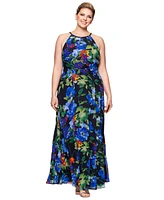 Betsy & Adam Plus Size Floral-Print Halter Gown