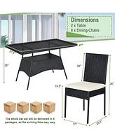 10PCS Patio Rattan Dining Set Cushioned Chair Table with Glass Top Garden Furniture