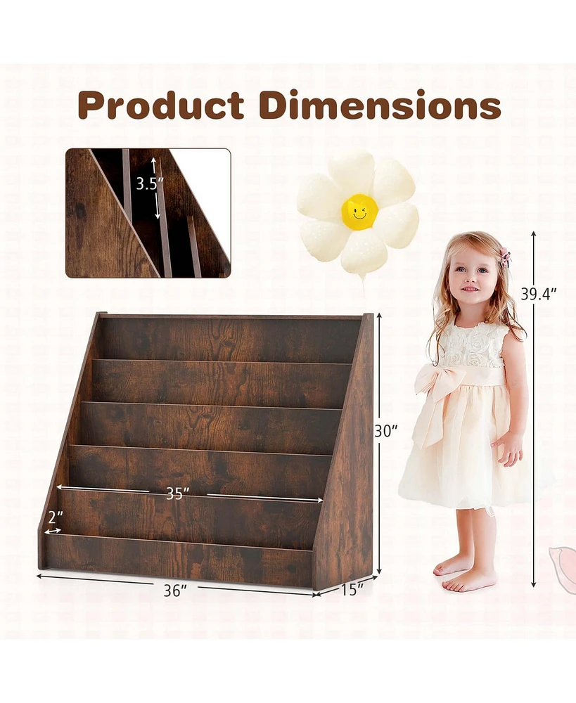 5 Tier Kids Bookshelf with Anti-Tipping Device Kids-friendly Height for Bedroom