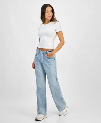 Indigo Rein Juniors' High-Rise Embroidered Wide-Leg Jeans