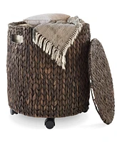 Casafield Rolling Storage Basket - Natural, Handwoven Hyacinth Hamper with Lid, Bin on Wheels for Living Room, Bathroom, Laundry