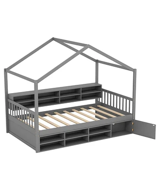 Kids' House Bed with Roof, 14 Storage Cubes, and Enclosed Cabinet for Bedroom