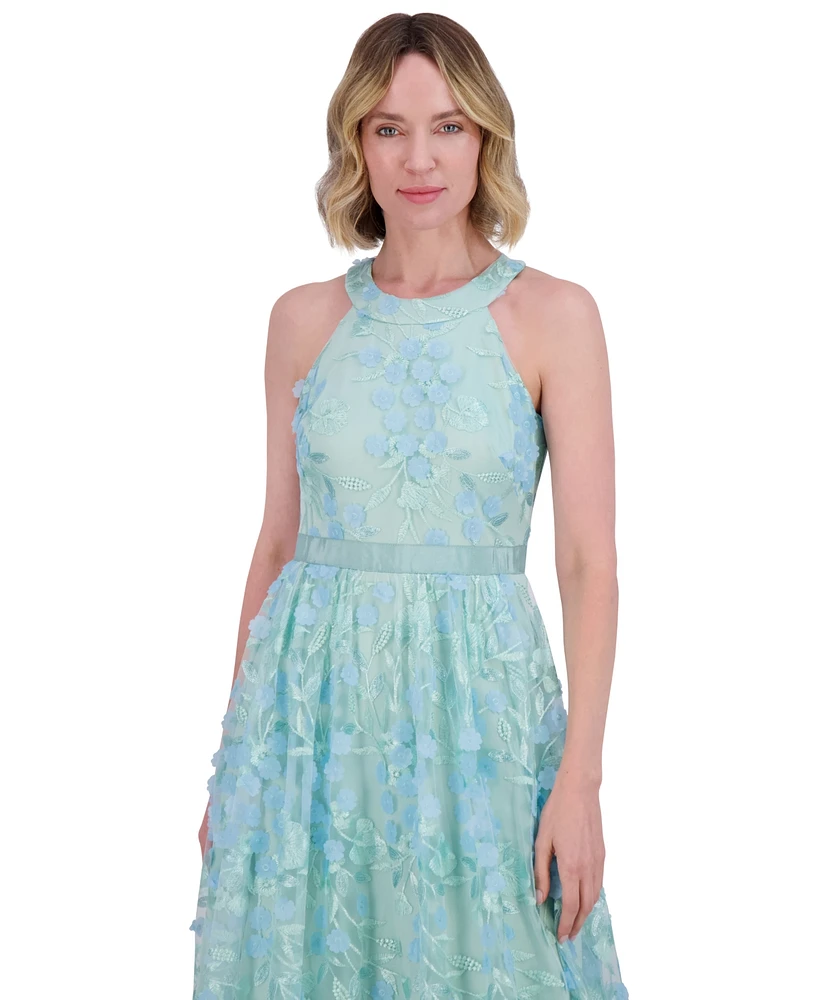 Eliza J Petite 3D Floral Applique Halter Gown