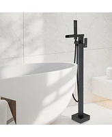 Freestanding Bathtub Faucet Bathtub Tub Filler Floor Mount Bathroom Faucets Brass Single Handle Tub Faucet with Handheld Spray, Brushed Nickel