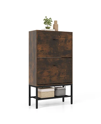 Modern Industrial Shoe Cabinet with Dual Flip Drawers and Bottom Display Shelf