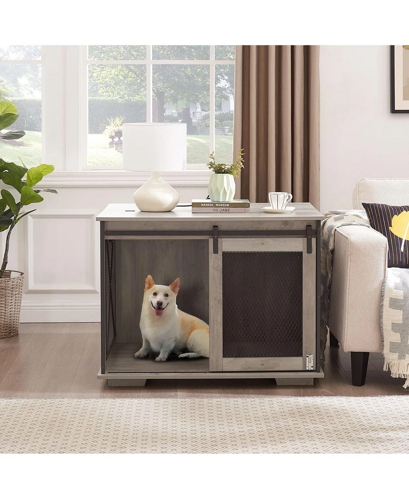 Farmhouse Dog Cage Crate Furniture with Sliding Barn Door Gray