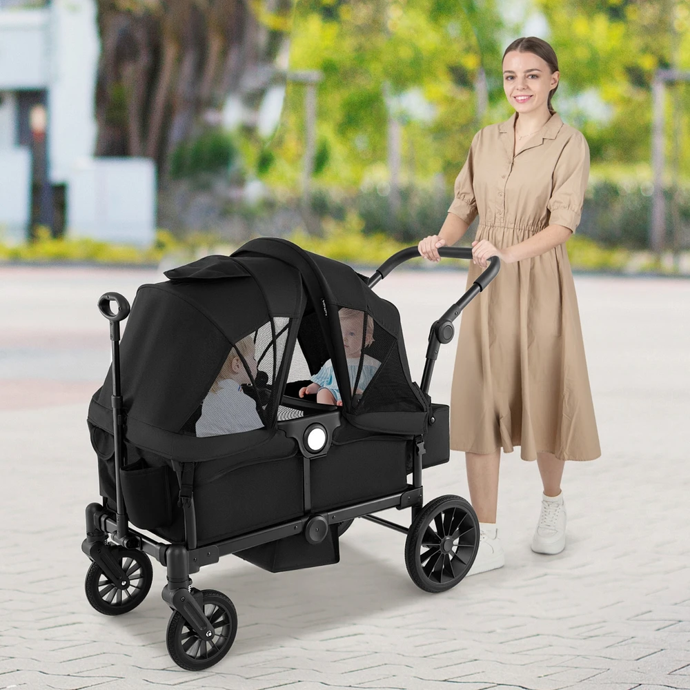 Slickblue Kids 2-Seater Collapsible Wagon Stroller with Push Pull Handle and Adjustable Bar