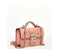 Susu Women s Pink Embellished Crossbody Bag Studded Shoulder Purse with Chain Strap and Top Handle, Statement Designer Handbag for Evening & Casual Ou