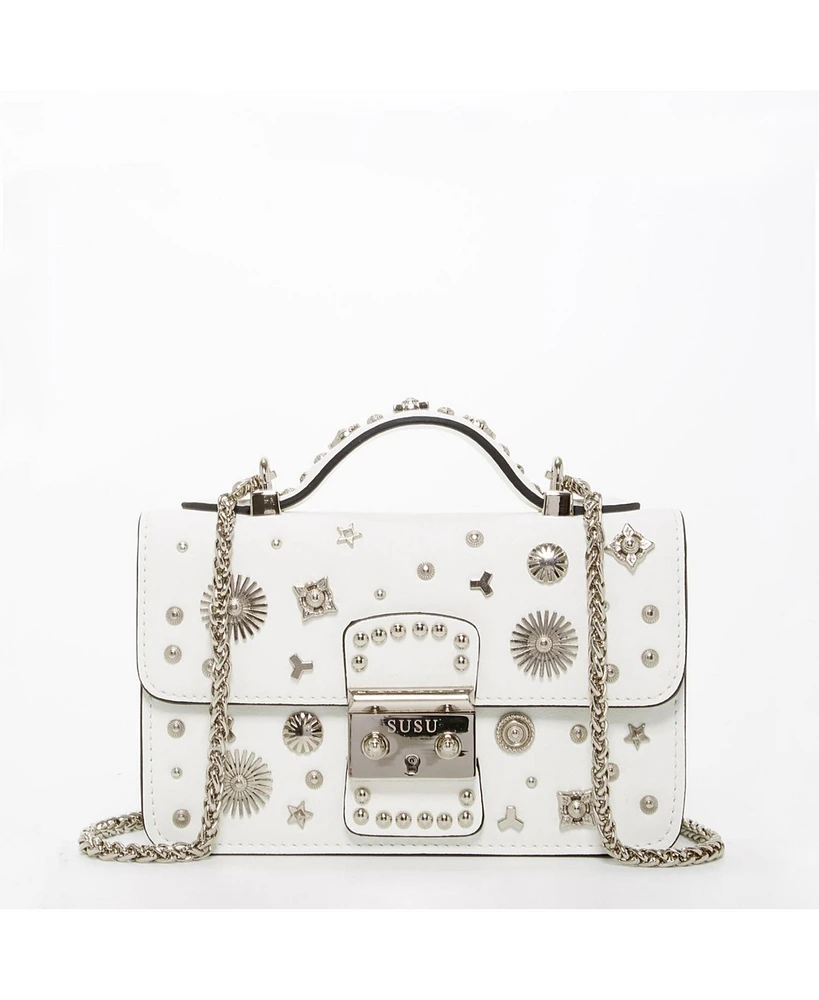 Susu White Leather Crossbody Bag Small Structured Women s Handbag with Top Handle and Embelishments