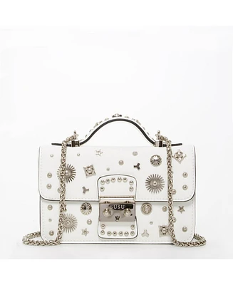 Susu White Leather Crossbody Bag Small Structured Women s Handbag with Top Handle and Embelishments
